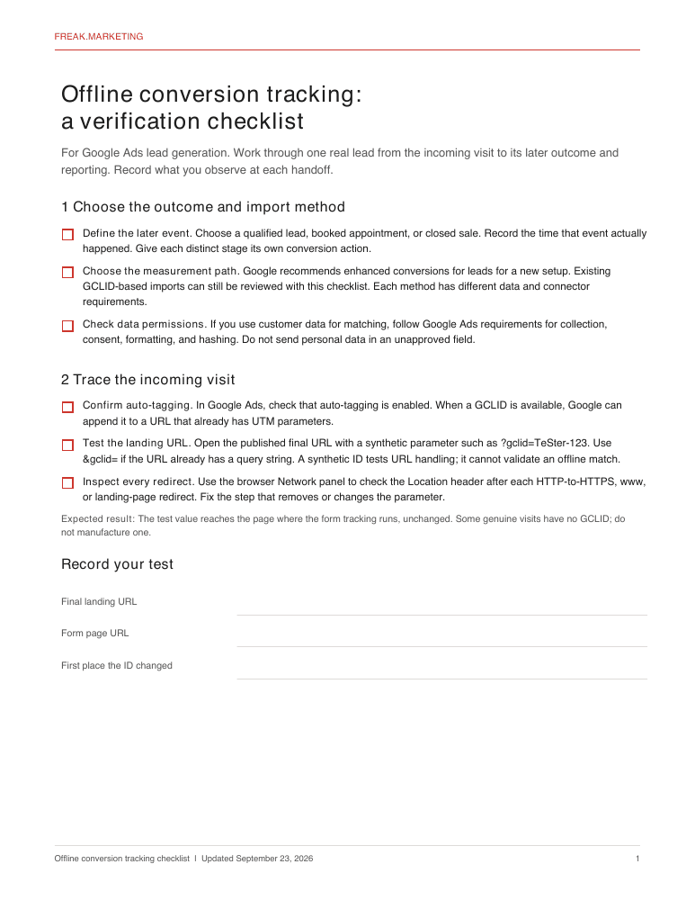 First page of the offline conversion tracking checklist, with checks for the outcome, import method, click URL, and redirects