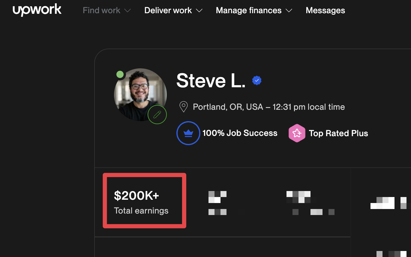 Steve Longoria's Upwork profile: Top Rated Plus, 100% Job Success, $200K+ total earnings